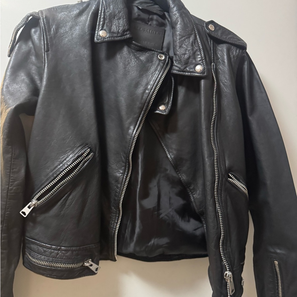 All saint Black Leather Jacket with Silver Accents